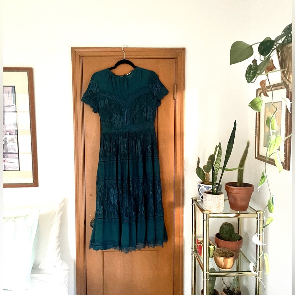 Böhme Lace A-Line Tea Dress Midi Wedding Guest Teal Turquoise Beautiful